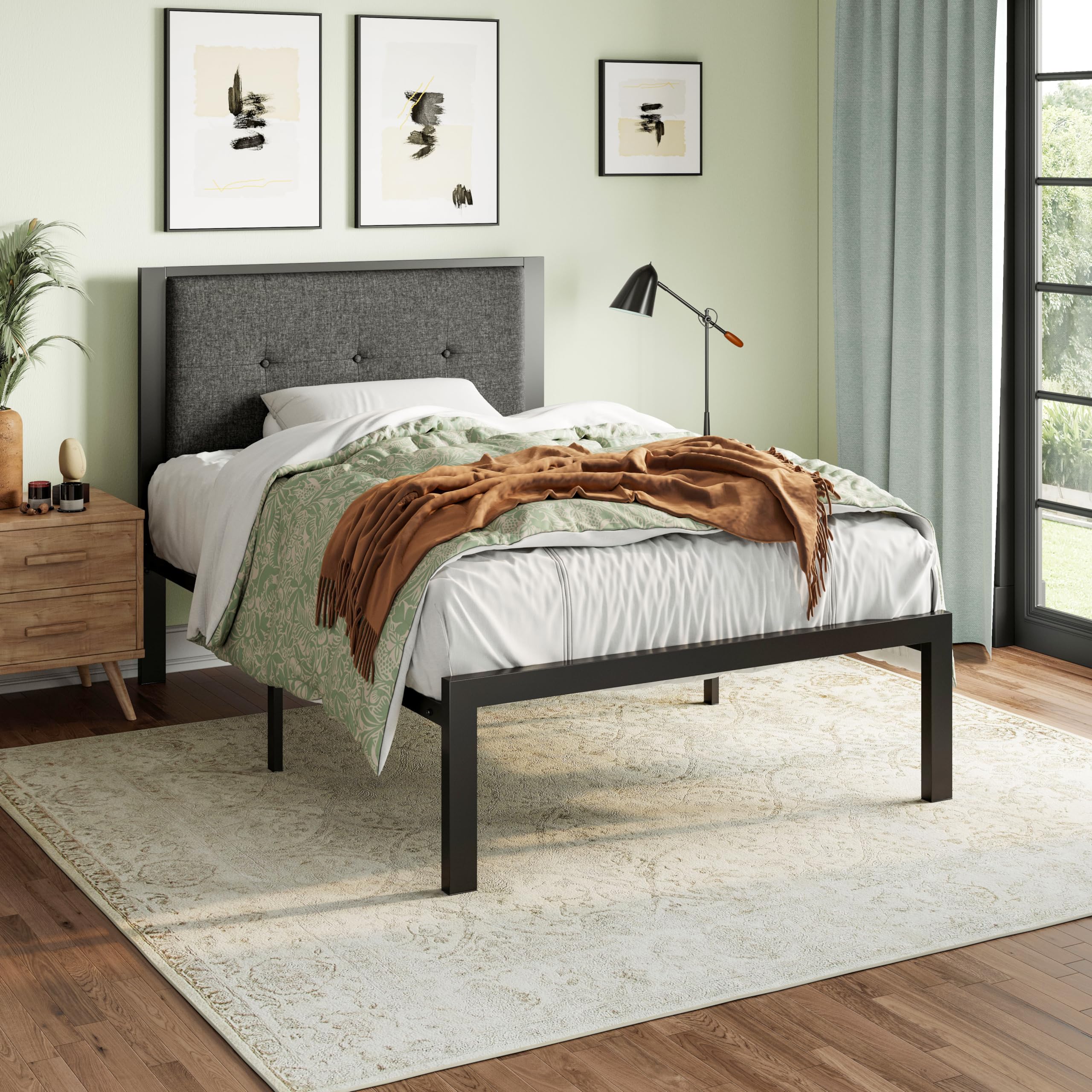 Imusee Twin Size Bed Frame With Upholstered Button Tufted Headboard, Heavy Duty Platform Bed With Strong Metal Slats Support, 12.4” Storage Space, Easy Assembly, Noise Free, No Box Spring Needed